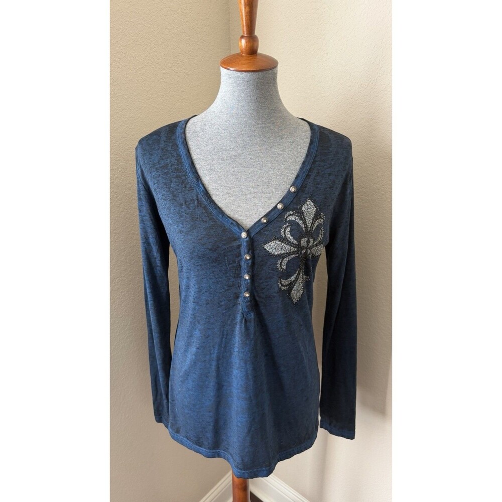 Rock & Roll Cowgirl Size Large Navy Blue Studded Cross Y2K Grunge Alt Biker Top